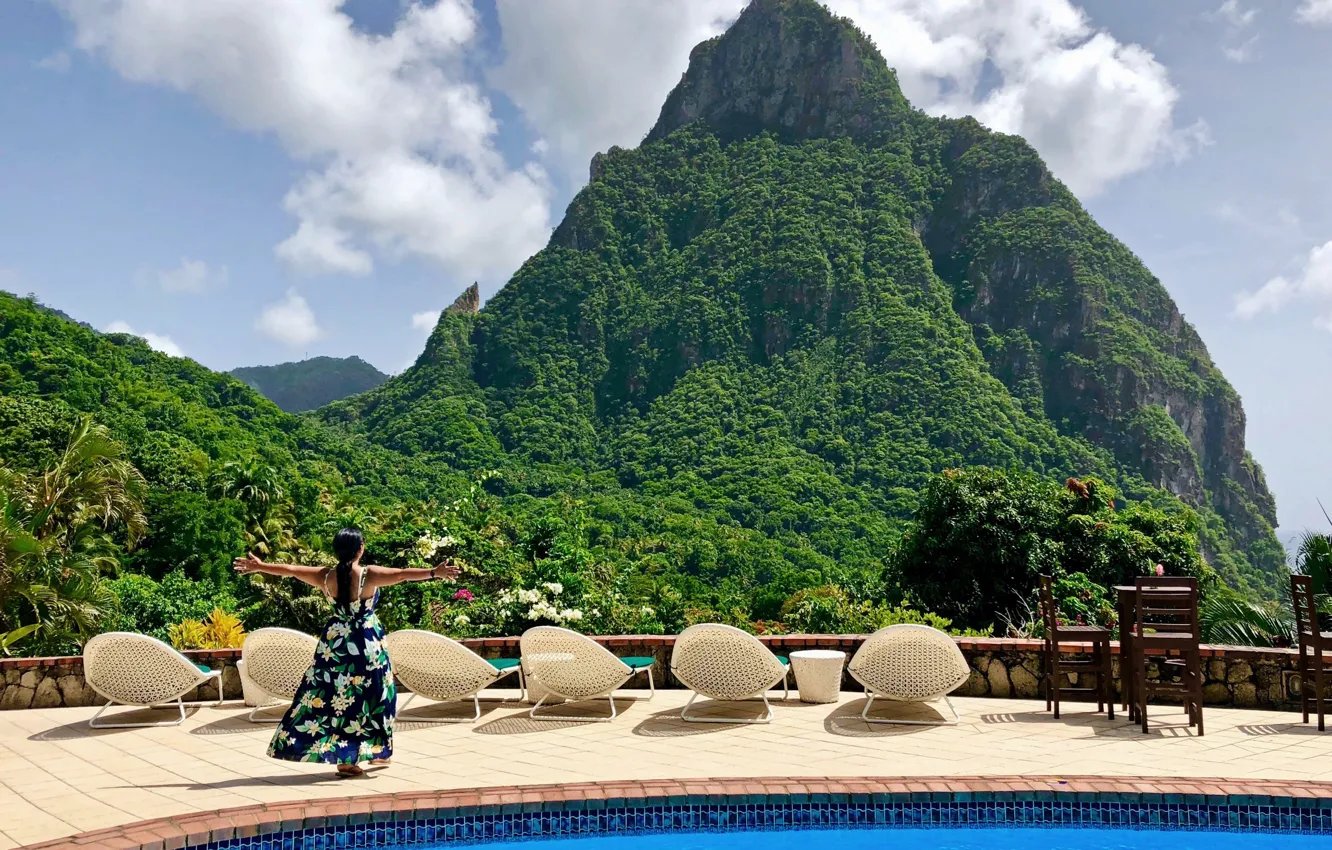 Photo wallpaper girl, mountains, stay, pool, Caribbean, Saint Lucia