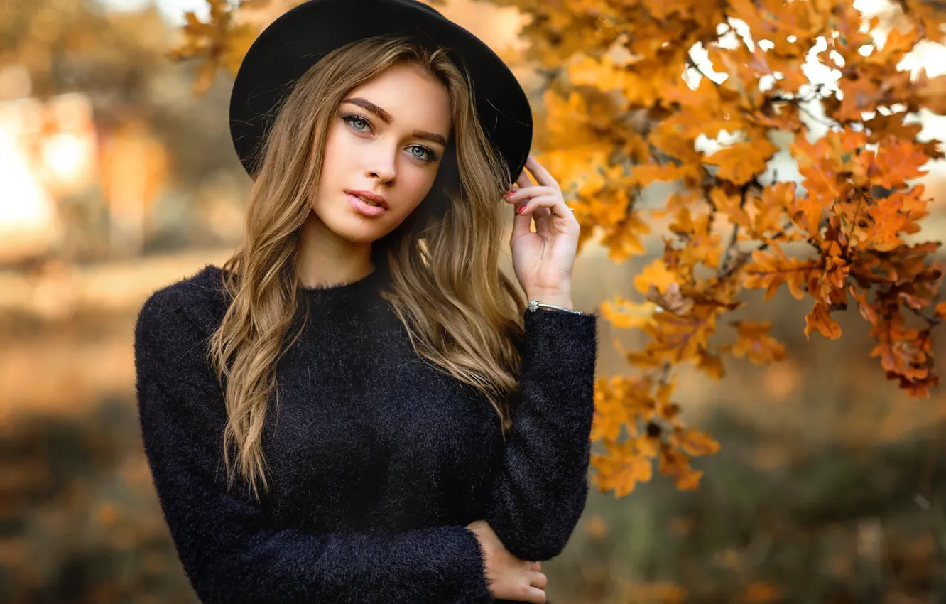 Photo wallpaper autumn, look, leaves, branches, pose, model, portrait, hat