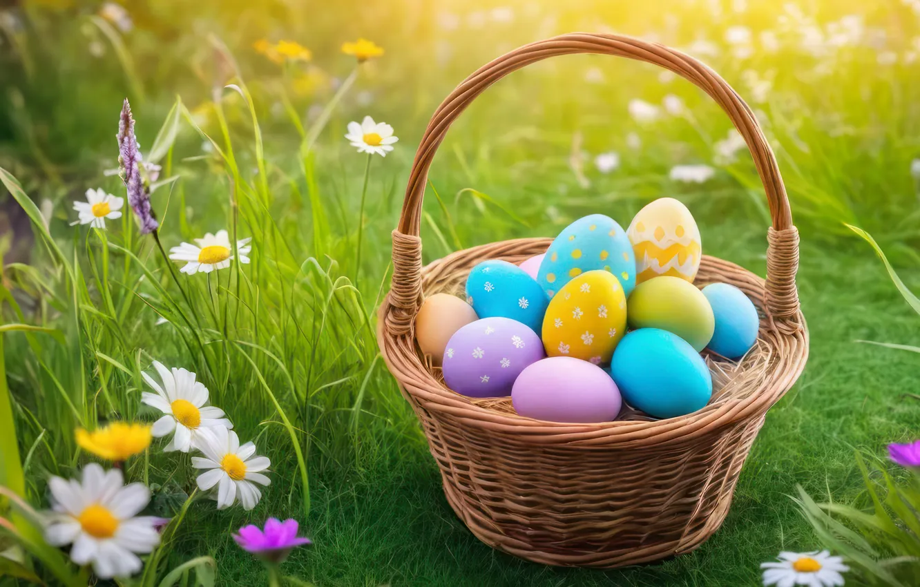 Photo wallpaper flowers, eggs, spring, colorful, Easter, flowers, spring, Easter