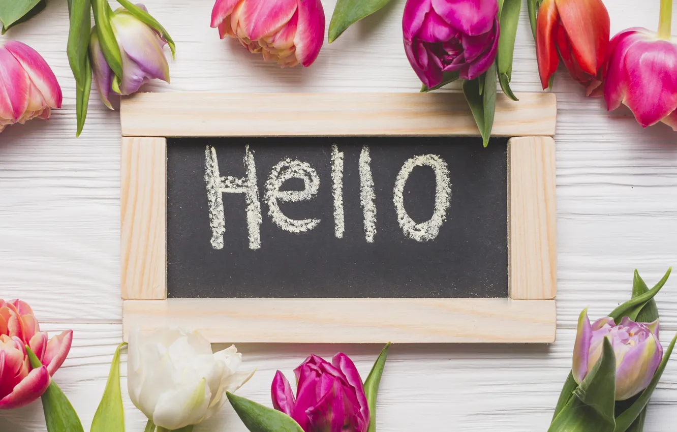 Photo wallpaper flowers, spring, colorful, tulips, pink, wood, pink, flowers