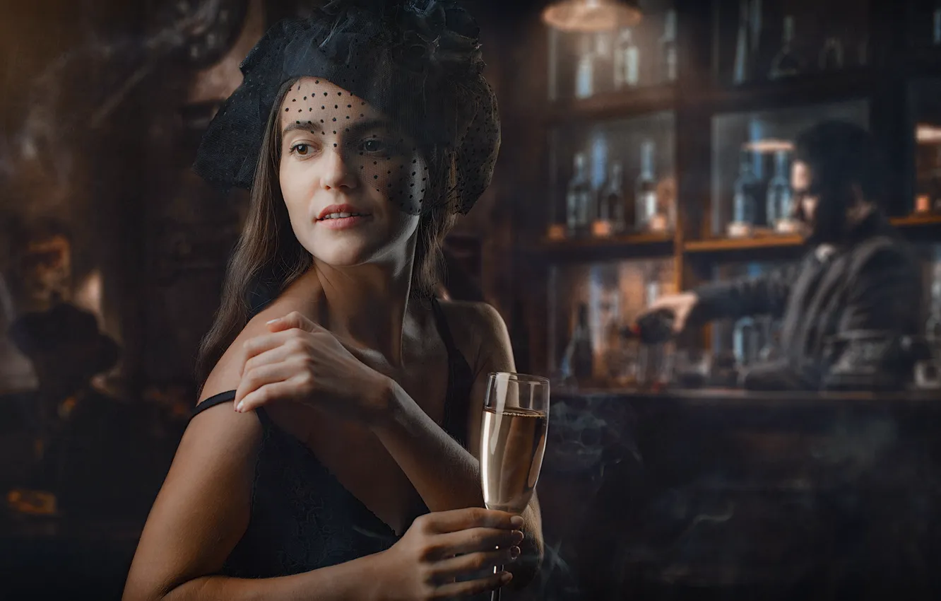 Photo wallpaper girl, smoke, glass, bar, brunette, veil, Vladimir Osaulenko