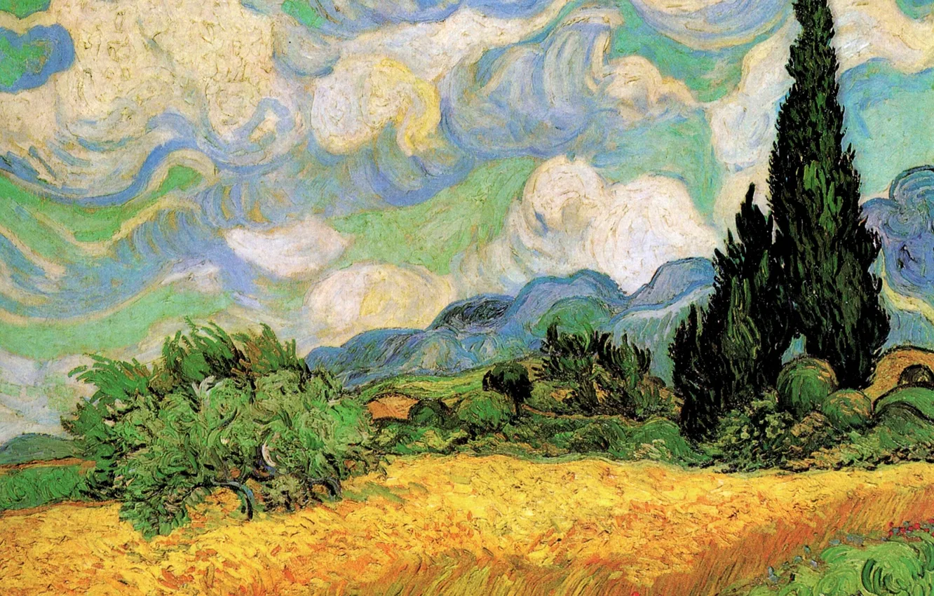 Photo wallpaper Vincent van Gogh, Wheat Field with, Galline Near, Cypresses at the Haute, Eygalieres