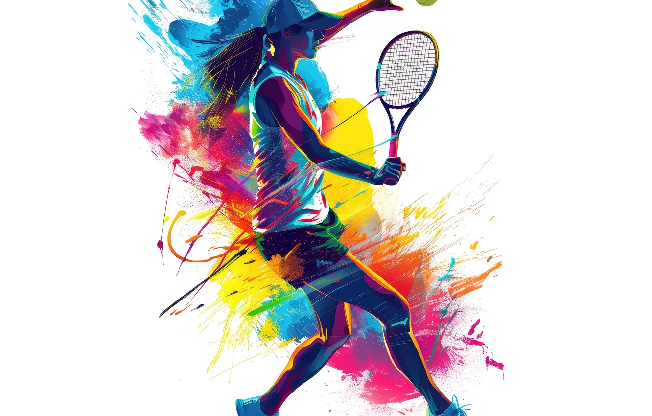 Photo wallpaper girl, sport, the ball, art, racket, white background, baseball cap, tennis
