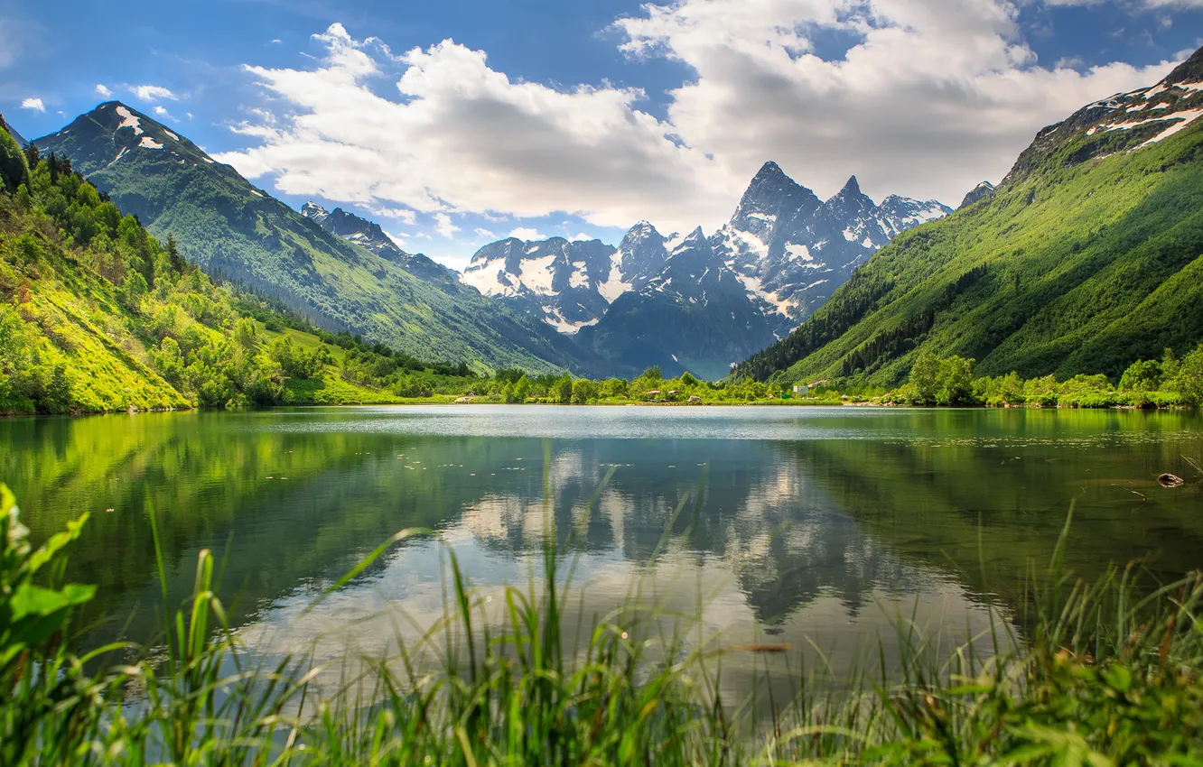 Photo wallpaper greens, grass, clouds, mountains, lake, Alps, gorge