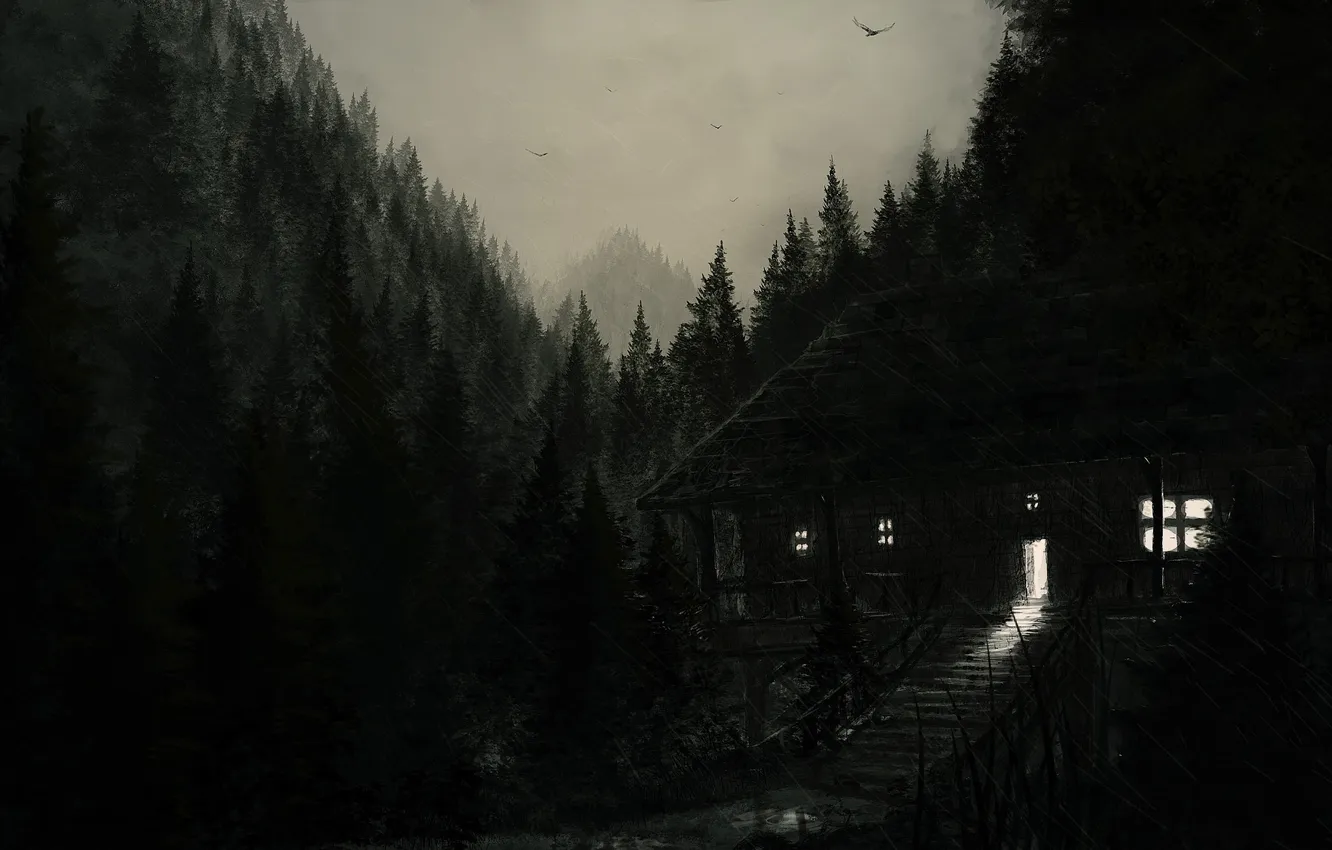 Photo wallpaper the sky, trees, mountains, lights, grey, home, art, wilderness