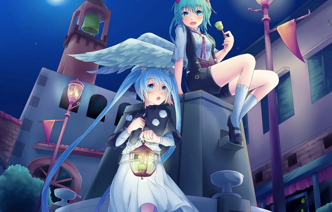 Photo wallpaper girl, night, the city, the moon, home, wings, angel, candles