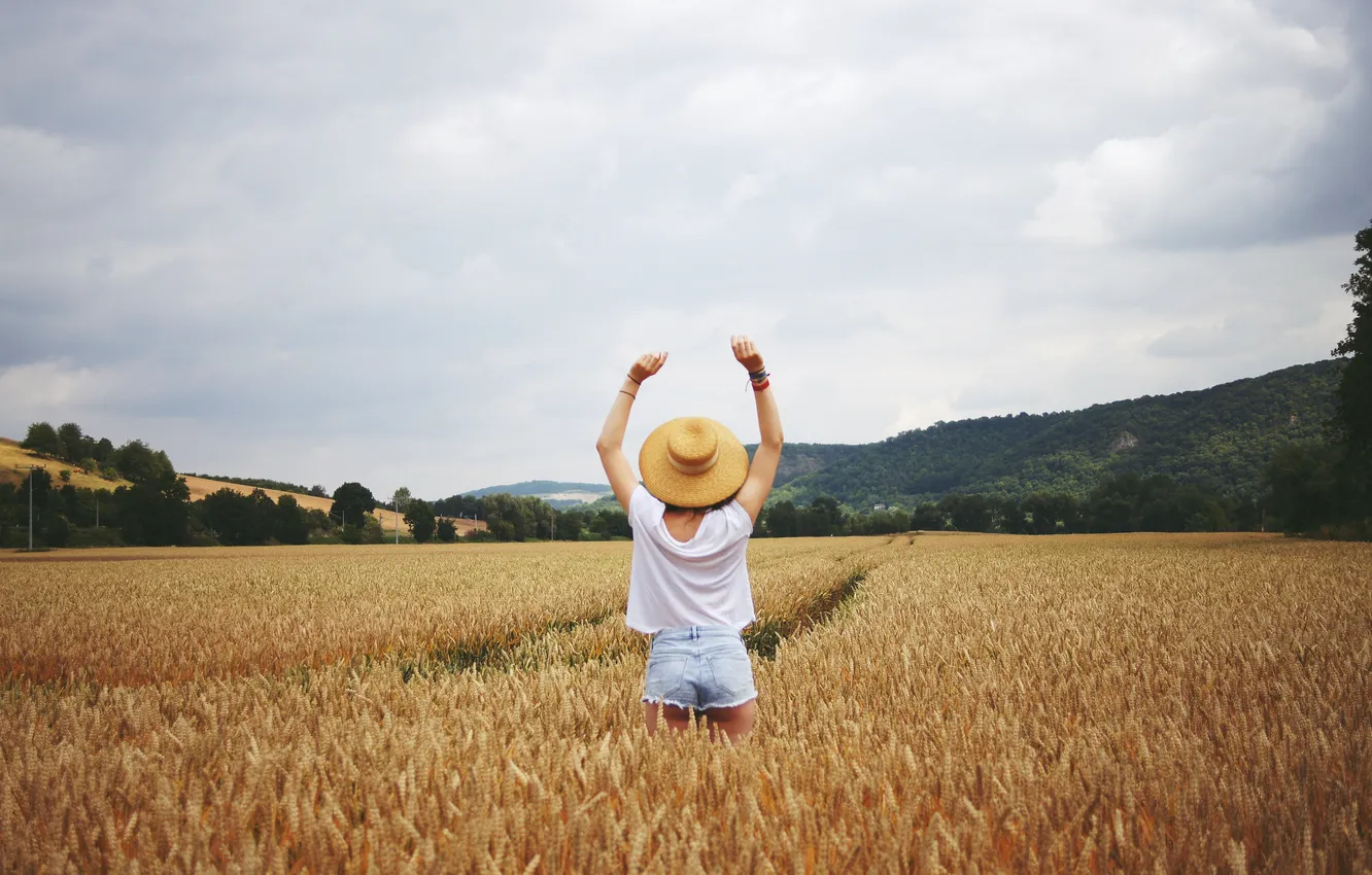 Photo wallpaper field, summer, girl, shorts, hat, spikelets