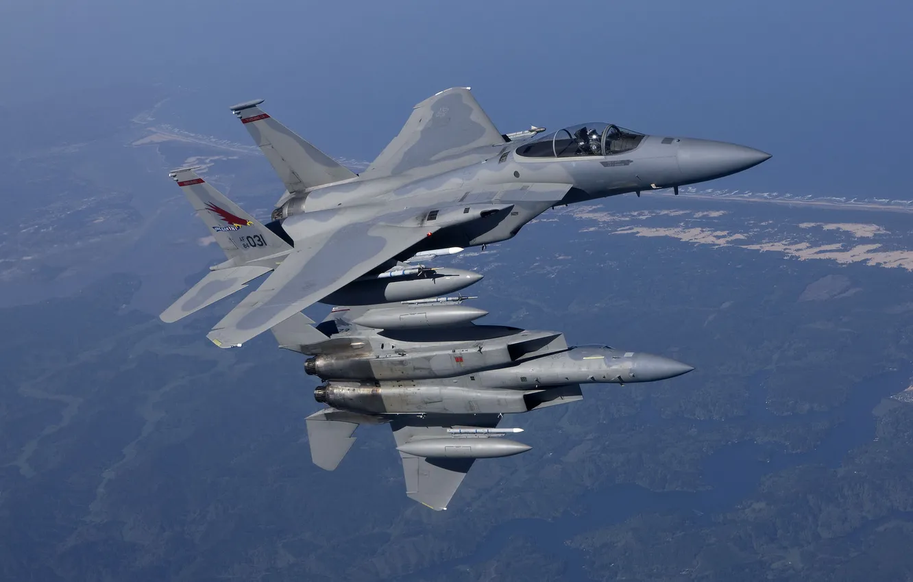 Photo wallpaper fighters, pair, flight, F/A-18, Hornet, McDonnell Douglas