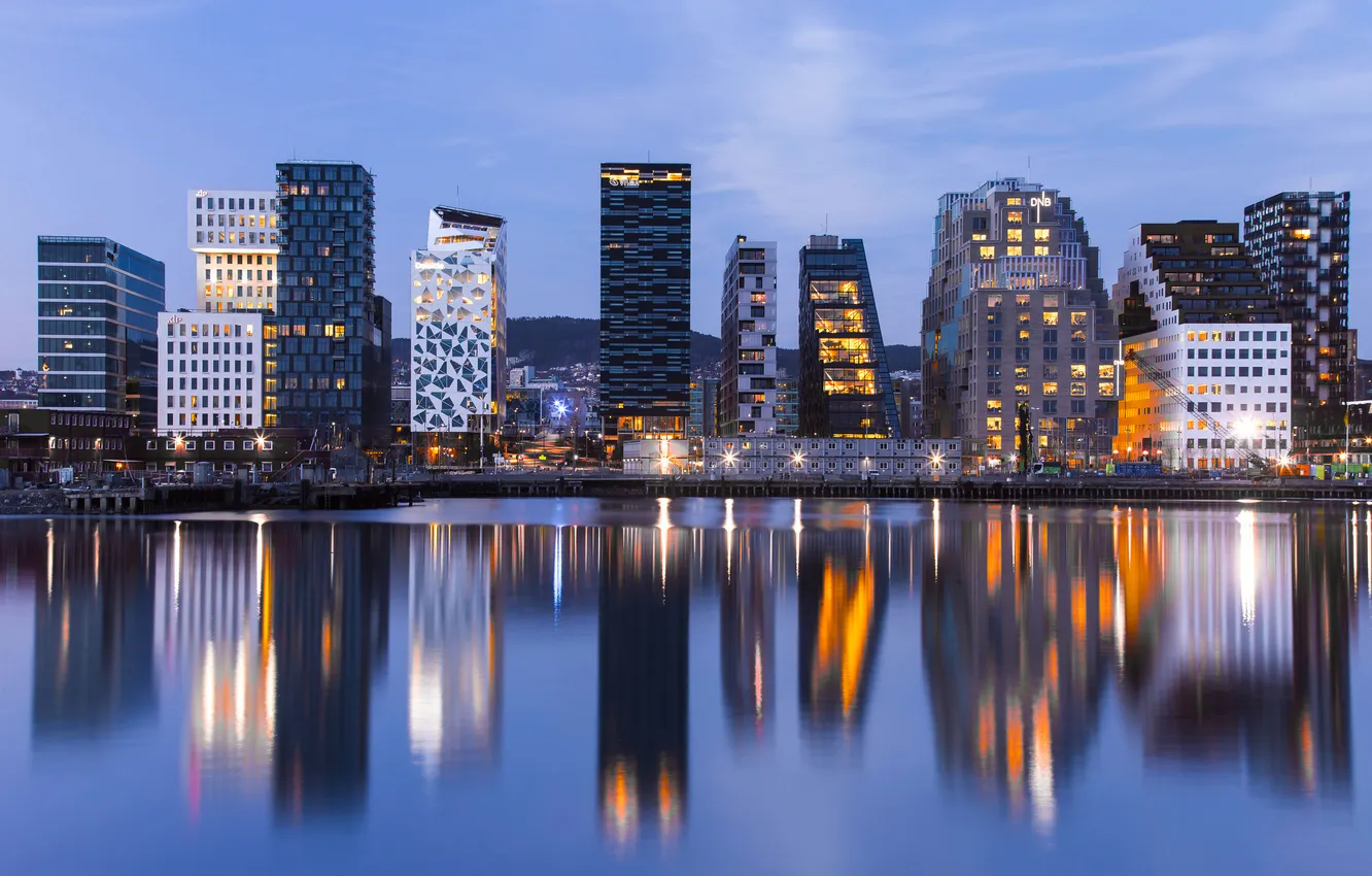 Photo wallpaper water, the city, lights, reflection, the evening, backlight, Norway, Oslo
