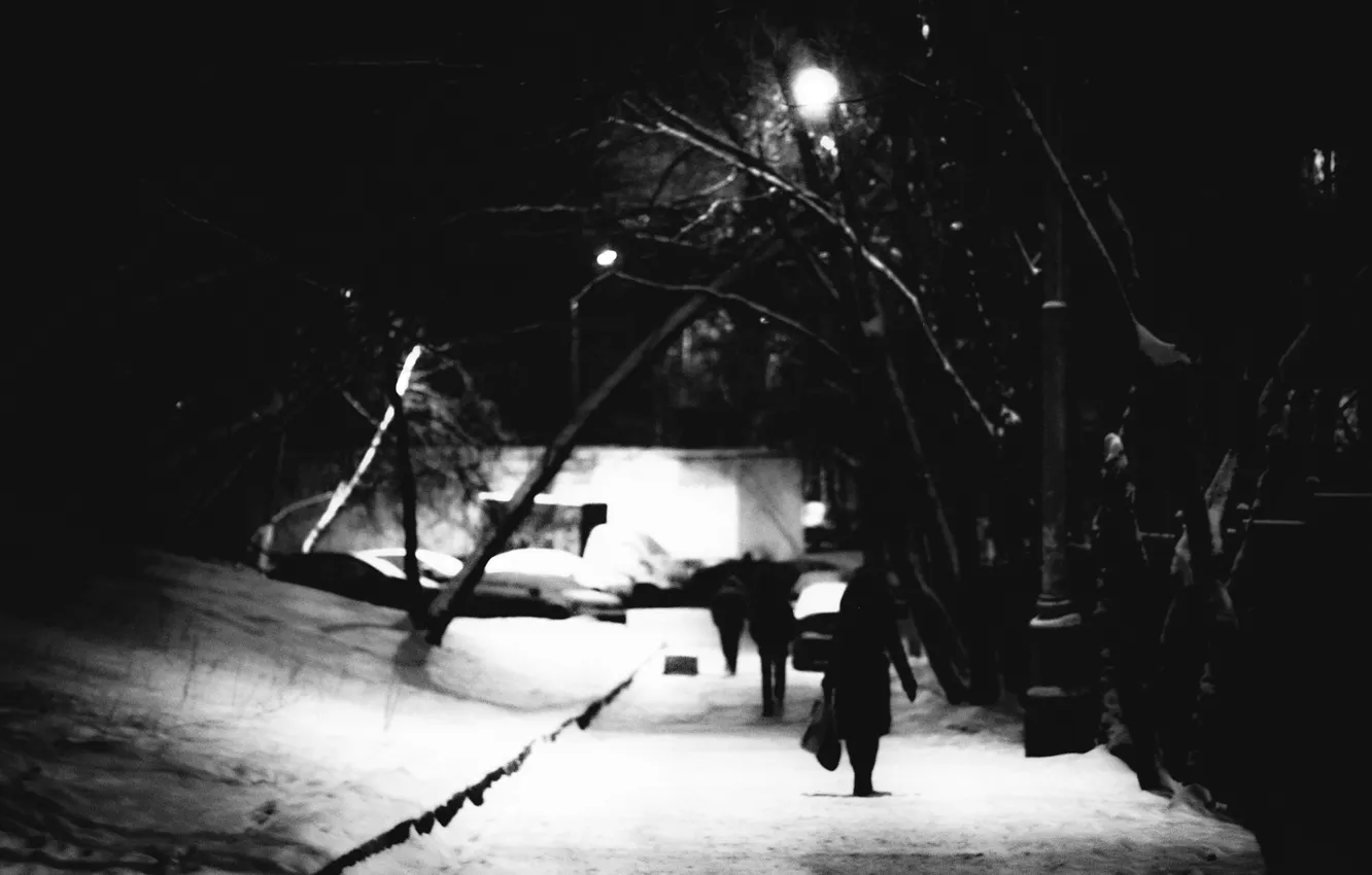 Photo wallpaper winter, snow, night, passers-by