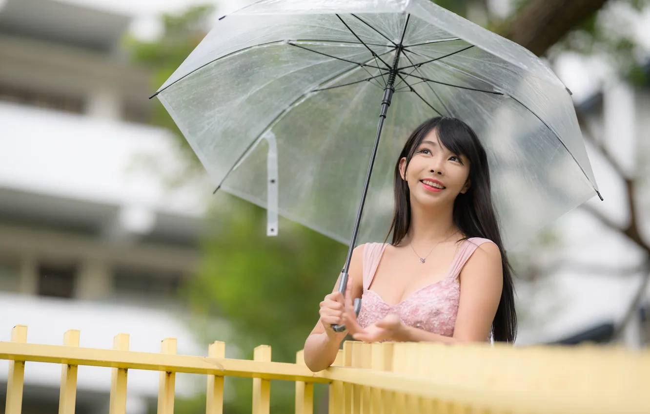 Photo wallpaper smile, umbrella, brunette, Asian