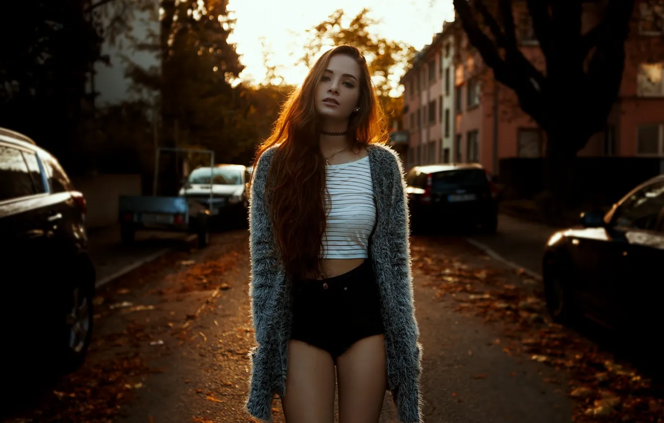 Photo wallpaper road, machine, autumn, leaves, girl, the sun, trees, yellow