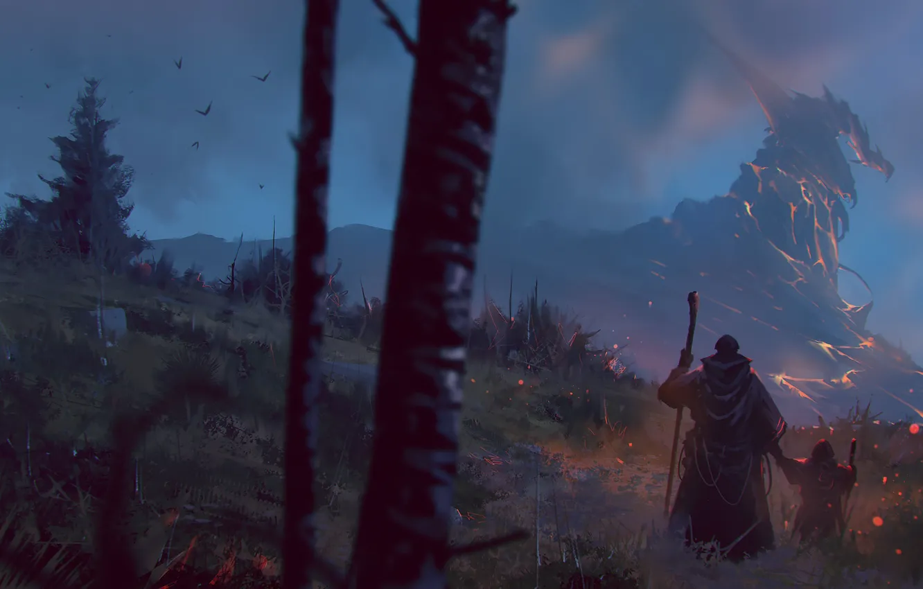 Photo wallpaper mountains, night, children, lights, fiction, dragon, monster, male