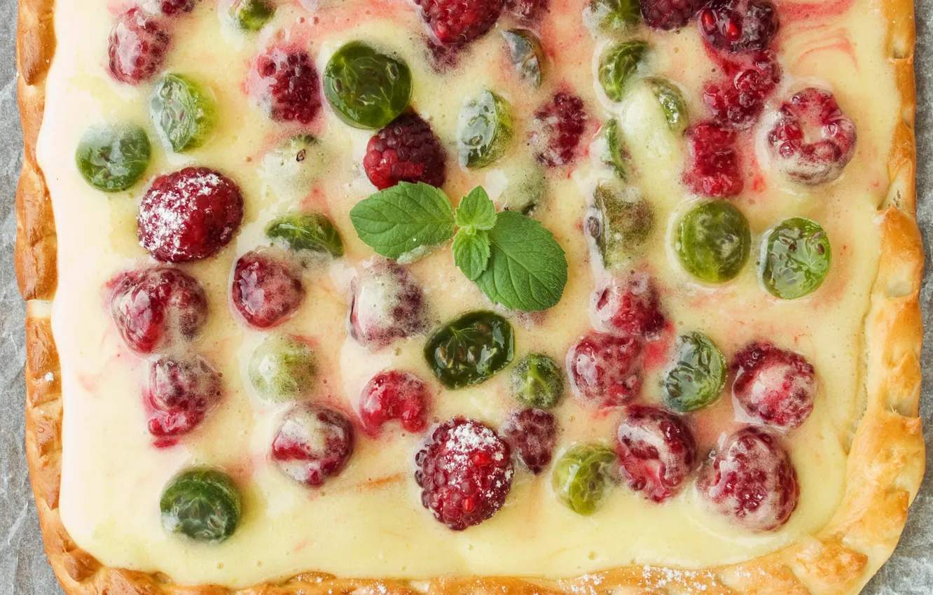 Photo wallpaper leaves, berries, raspberry, food, food, pie, pizza, delicious