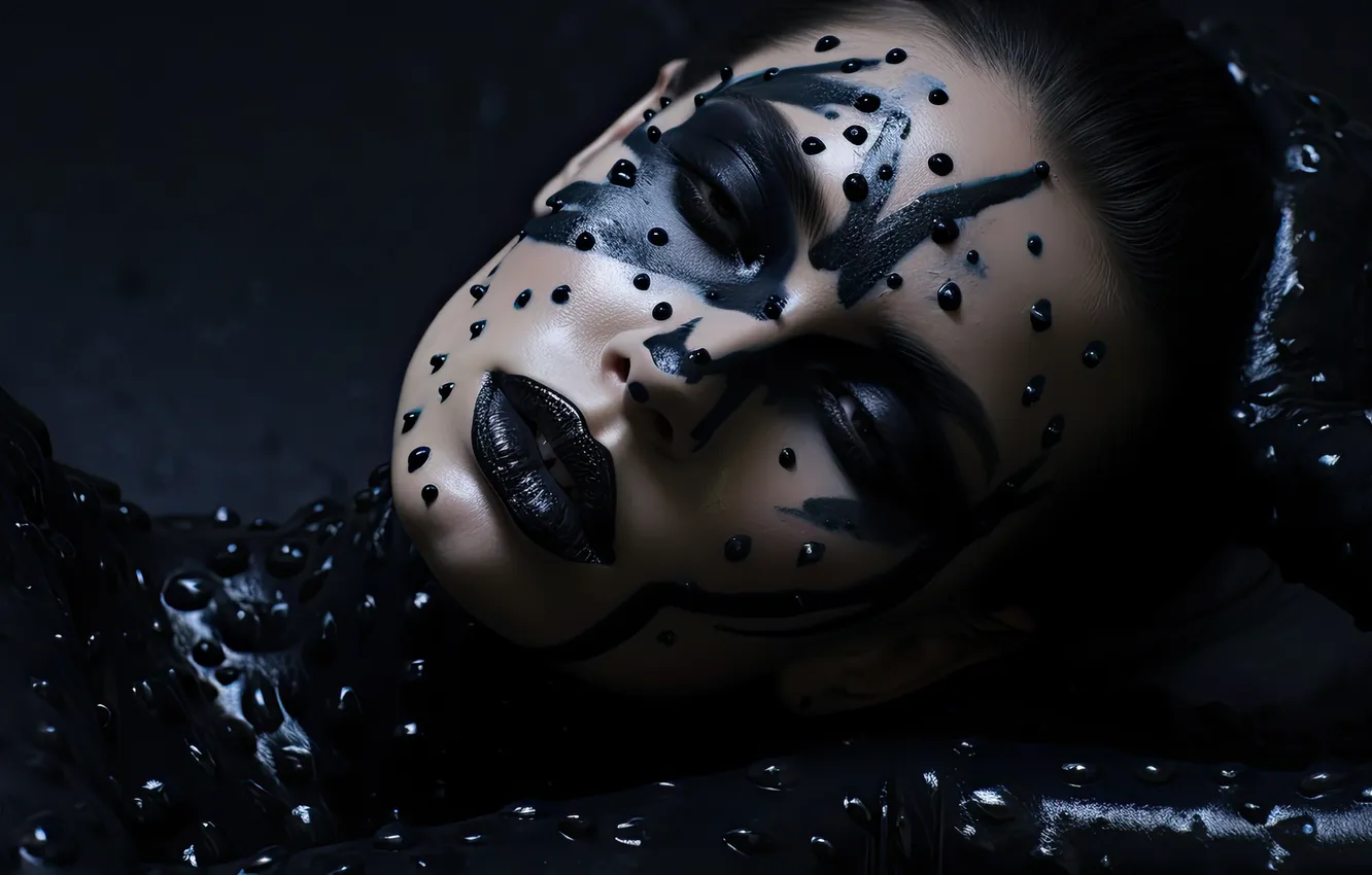 Photo wallpaper girl, drops, face, pose, style, paint, black, portrait