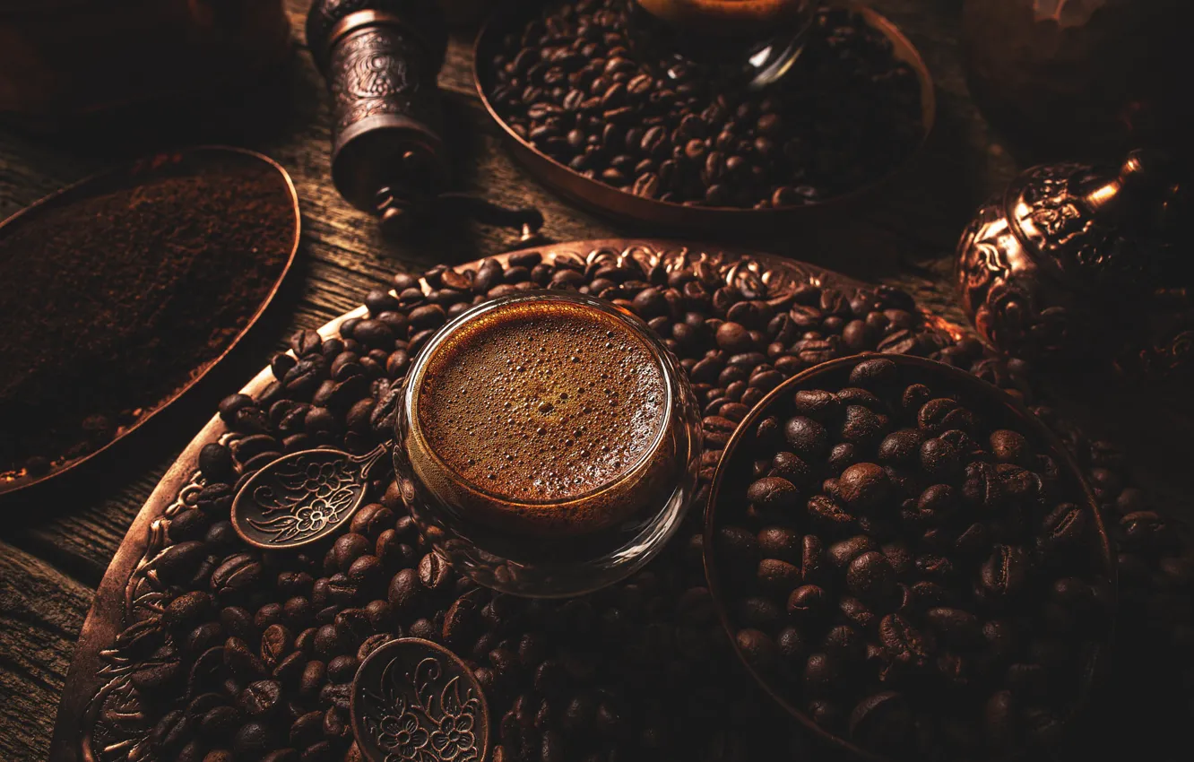 Photo wallpaper the dark background, coffee, Cup, dishes, bowl, placer, a lot, coffee beans