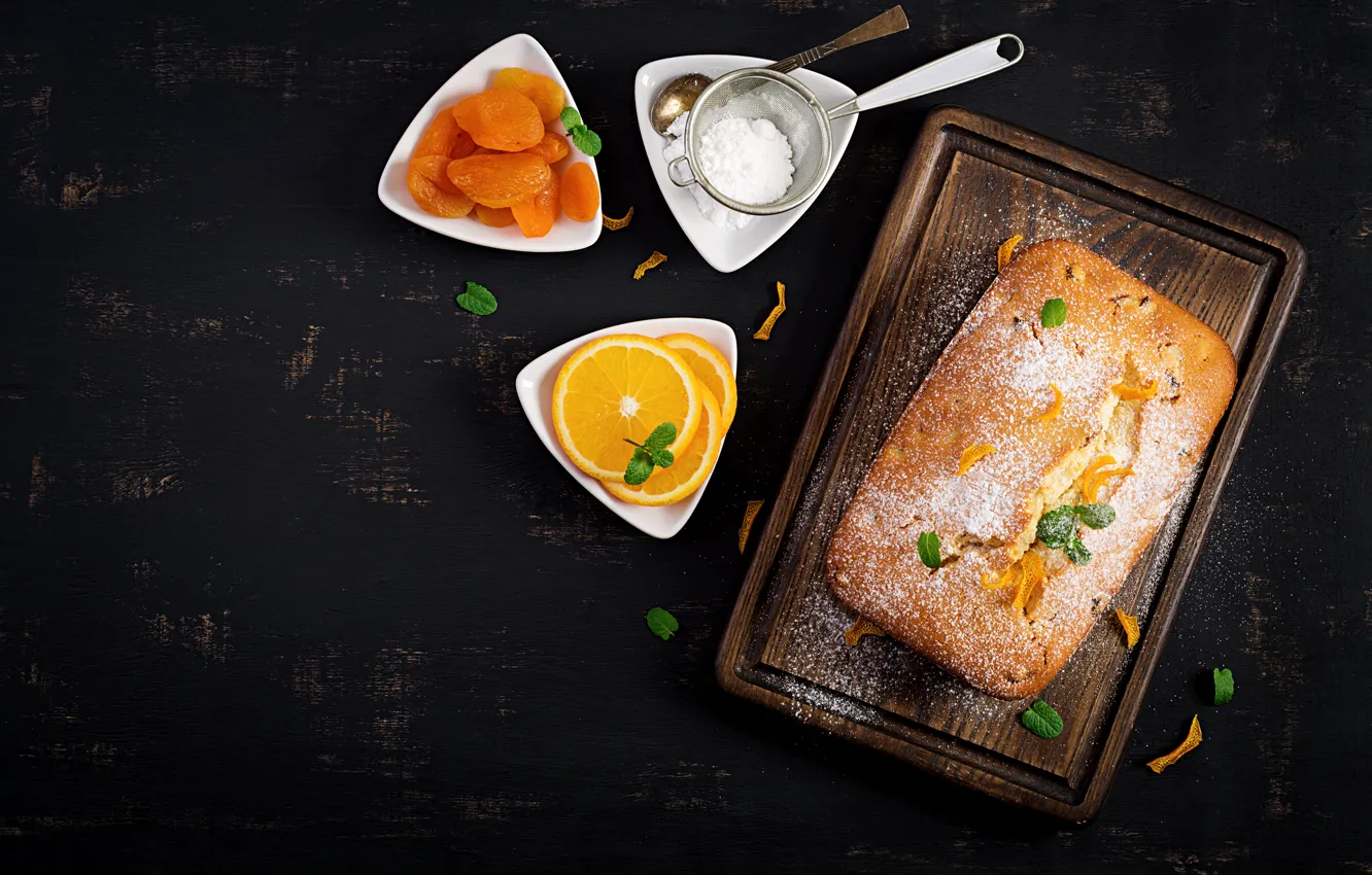 Photo wallpaper orange, pie, powdered sugar, dried apricots