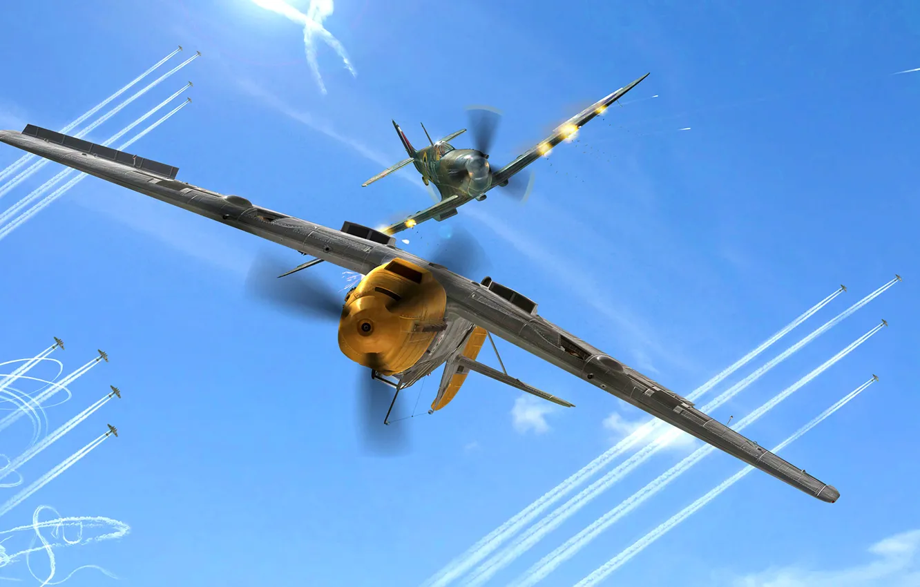 Photo wallpaper Messerschmitt, Spitfire, Supermarine Spitfire, Battle of Britain, Emil, Messerschmitt Bf 109 E-4, Bf-109E, Spitfire Mk.IIa