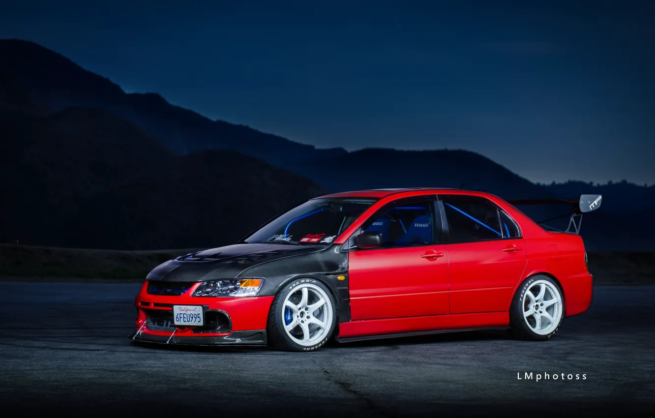 Photo wallpaper Mitsubishi, Lancer, Red, Tuning, Wheels, Spoiler, Evolution 9