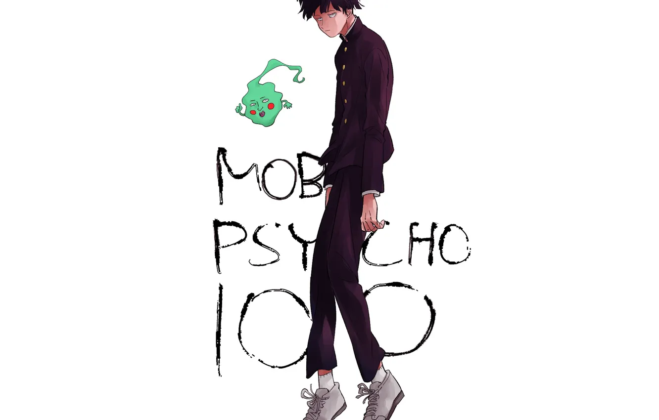 Photo wallpaper white background, guy, guys, soars, Mob Psycho 100, Kageyama Shigeo, Mob psycho 100, Yamachiche