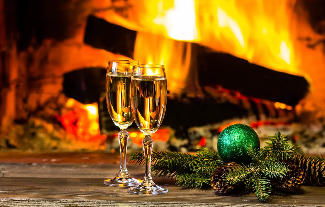 Photo wallpaper fire, New Year, glasses, Christmas, fireplace, champagne