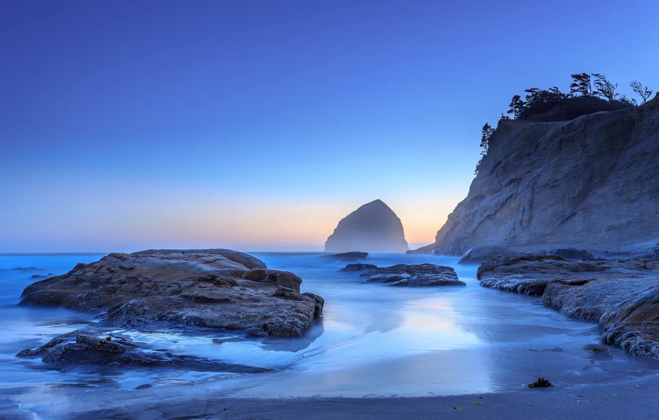 Photo wallpaper sand, stones, the ocean, rocks, dawn, shore, Oregon, USA