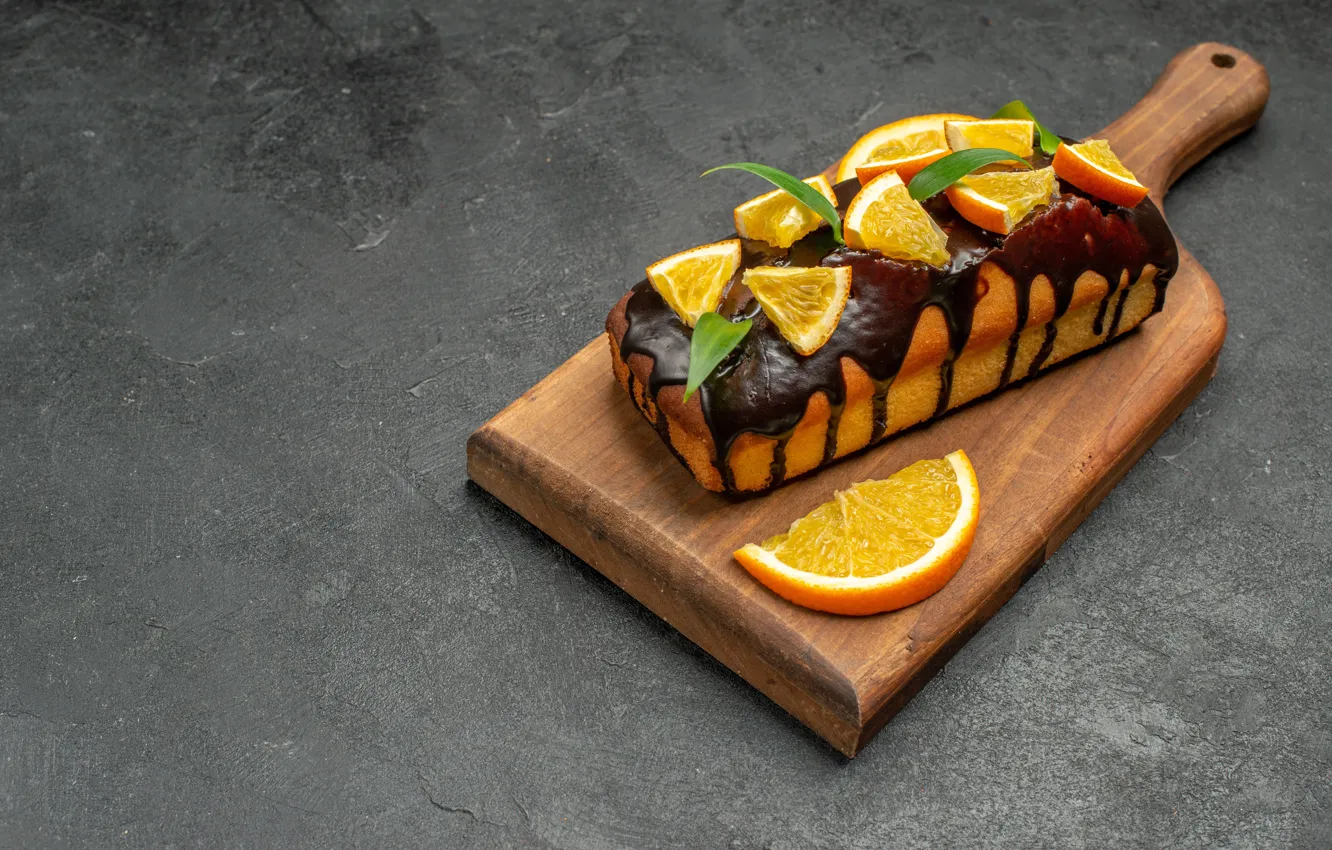 Photo wallpaper orange, chocolate, cake, bowl, grey background, cream, dessert, slices