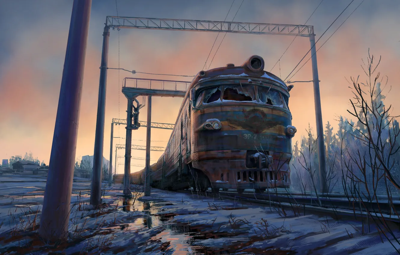 Photo wallpaper snow, train, art, rail