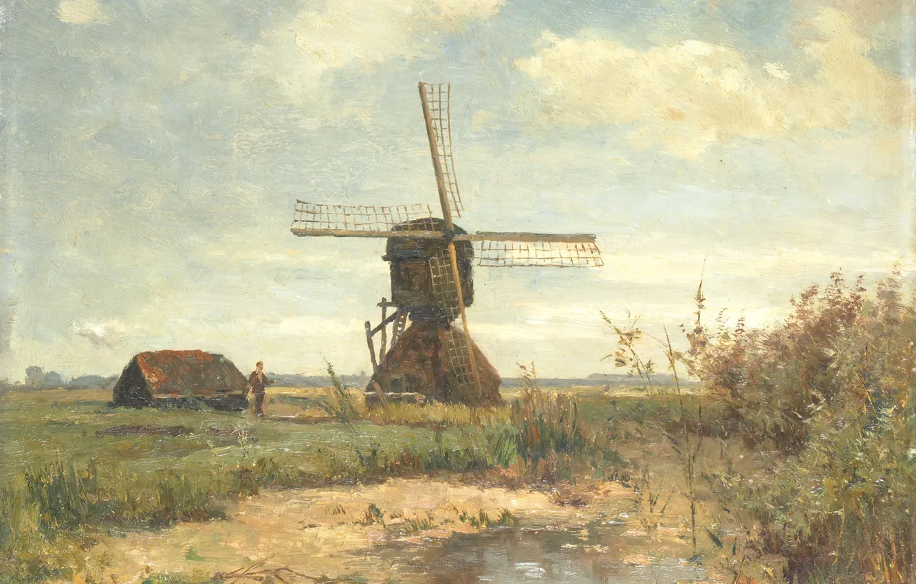 Photo wallpaper landscape, oil, picture, 1903, Paul Gabriel, Paul Gabriel, Sunny day. The mill pond