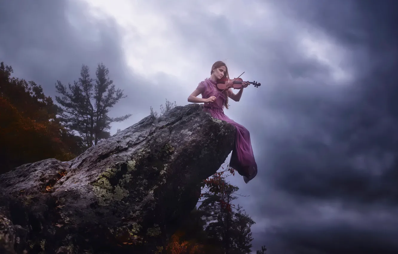 Photo wallpaper girl, violin, stone, TJ Drysdale, Song For No One