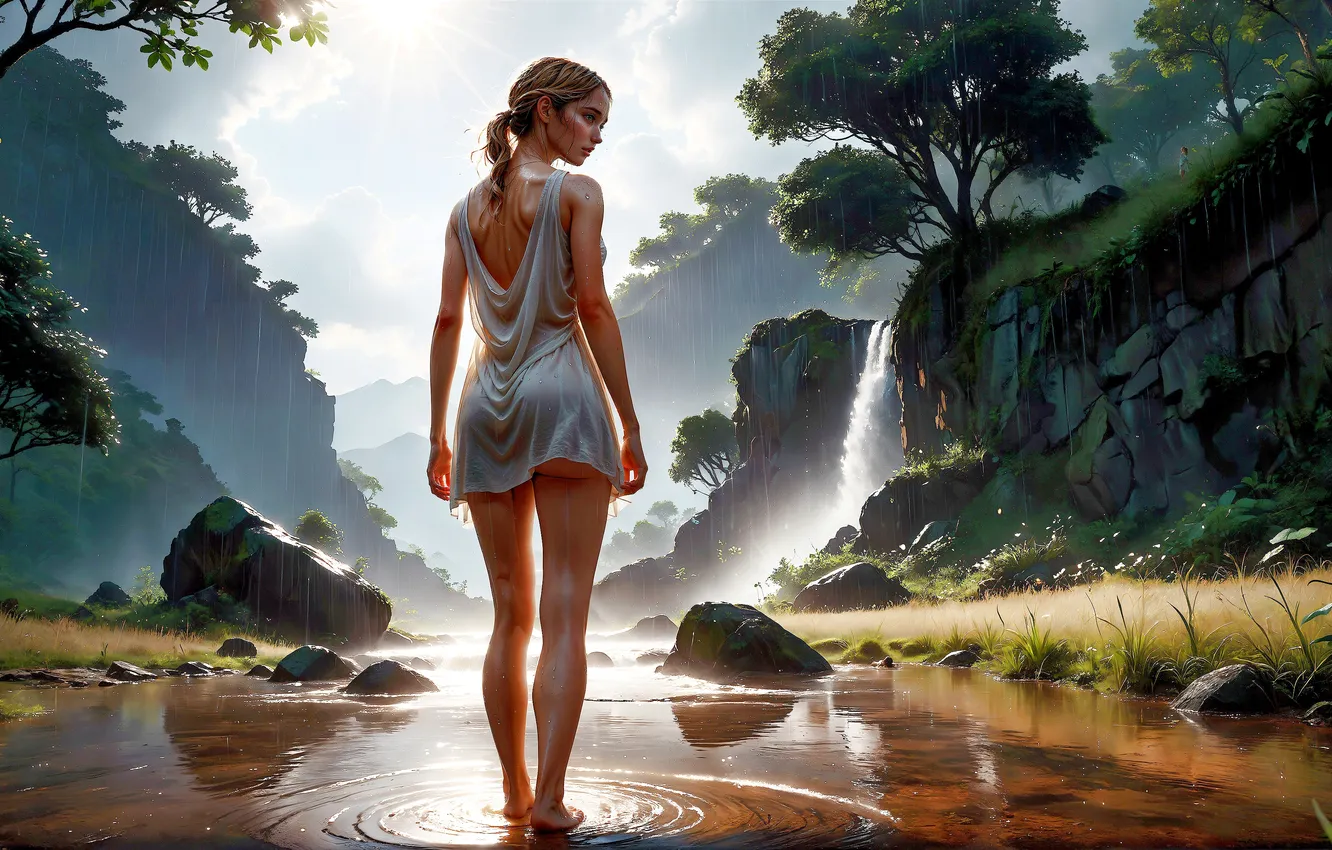Photo wallpaper girl, river, AI Art