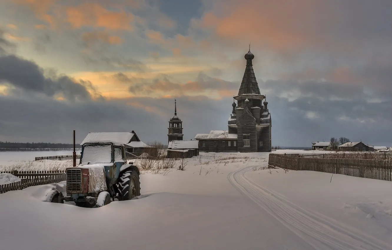 Photo wallpaper winter, the evening, village, Church, tractor, Arkhangelsk oblast, Piala