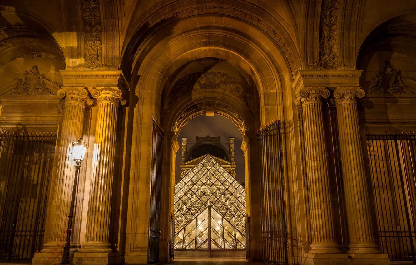 Photo wallpaper night, France, Paris, the evening, The Louvre, lighting, pyramid, lantern