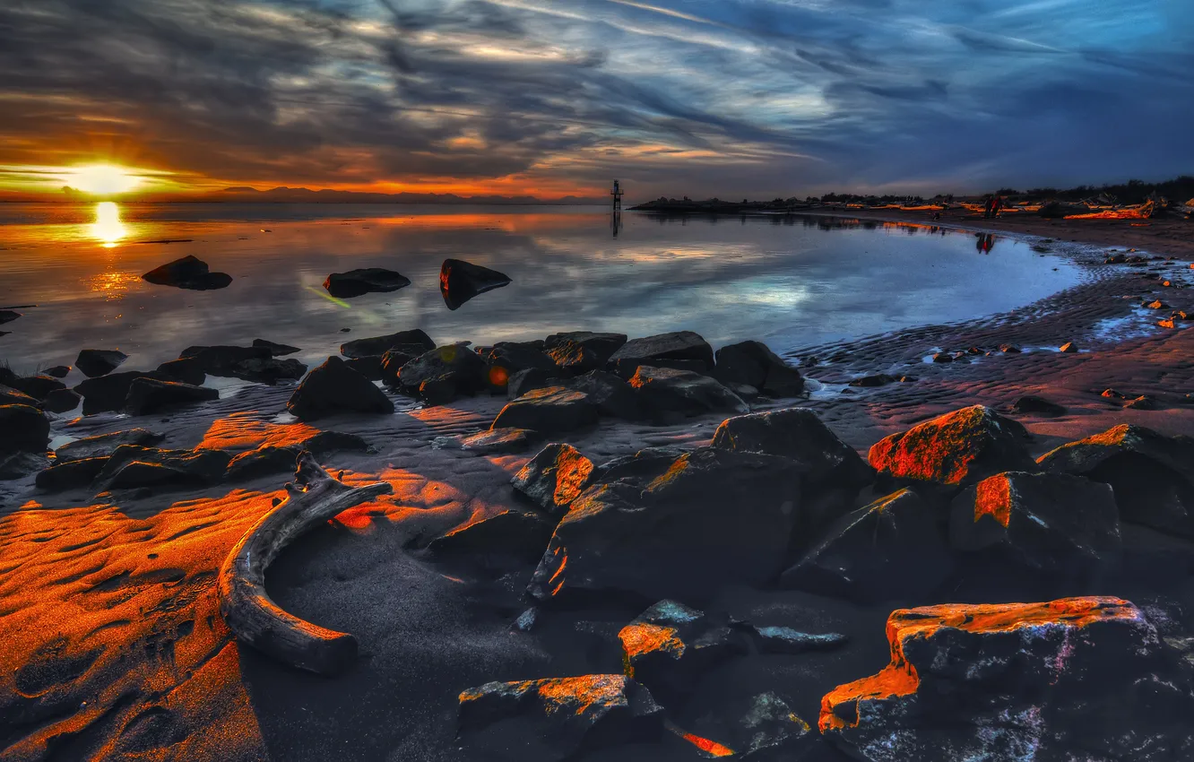 Photo wallpaper sea, the sky, sunset, stones, shore
