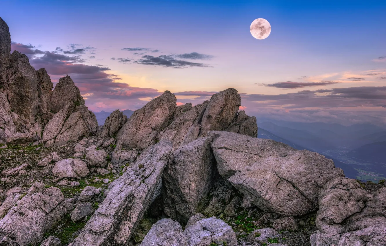Photo wallpaper landscape, mountains, nature, the moon, panorama, twilight
