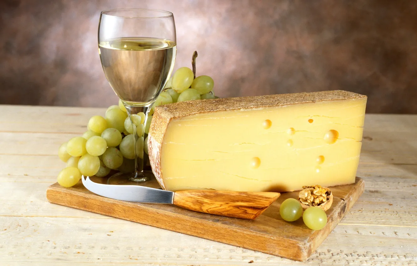 Photo wallpaper wine, white, glass, cheese, grapes, bunch, knife, Board