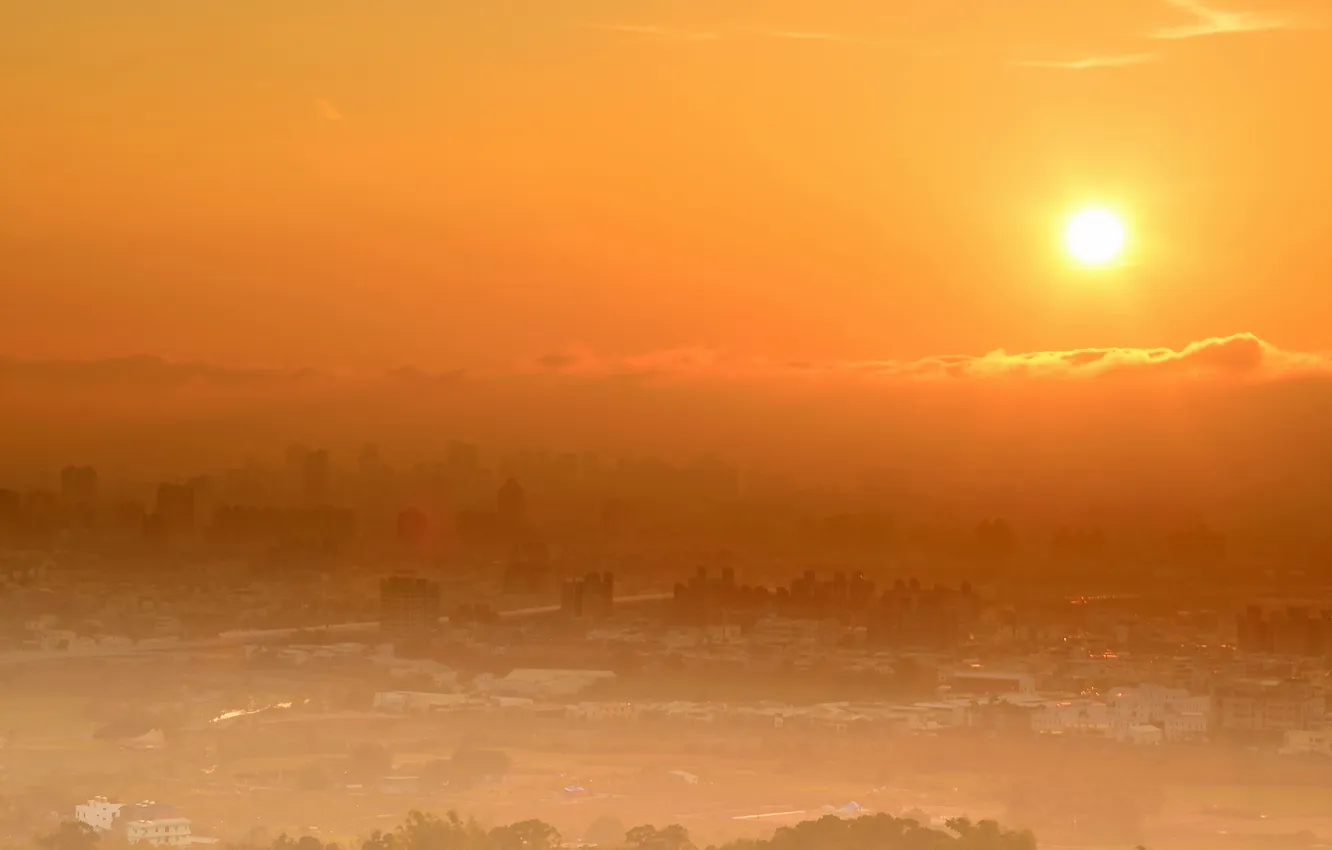 Photo wallpaper landscape, sunset, the city