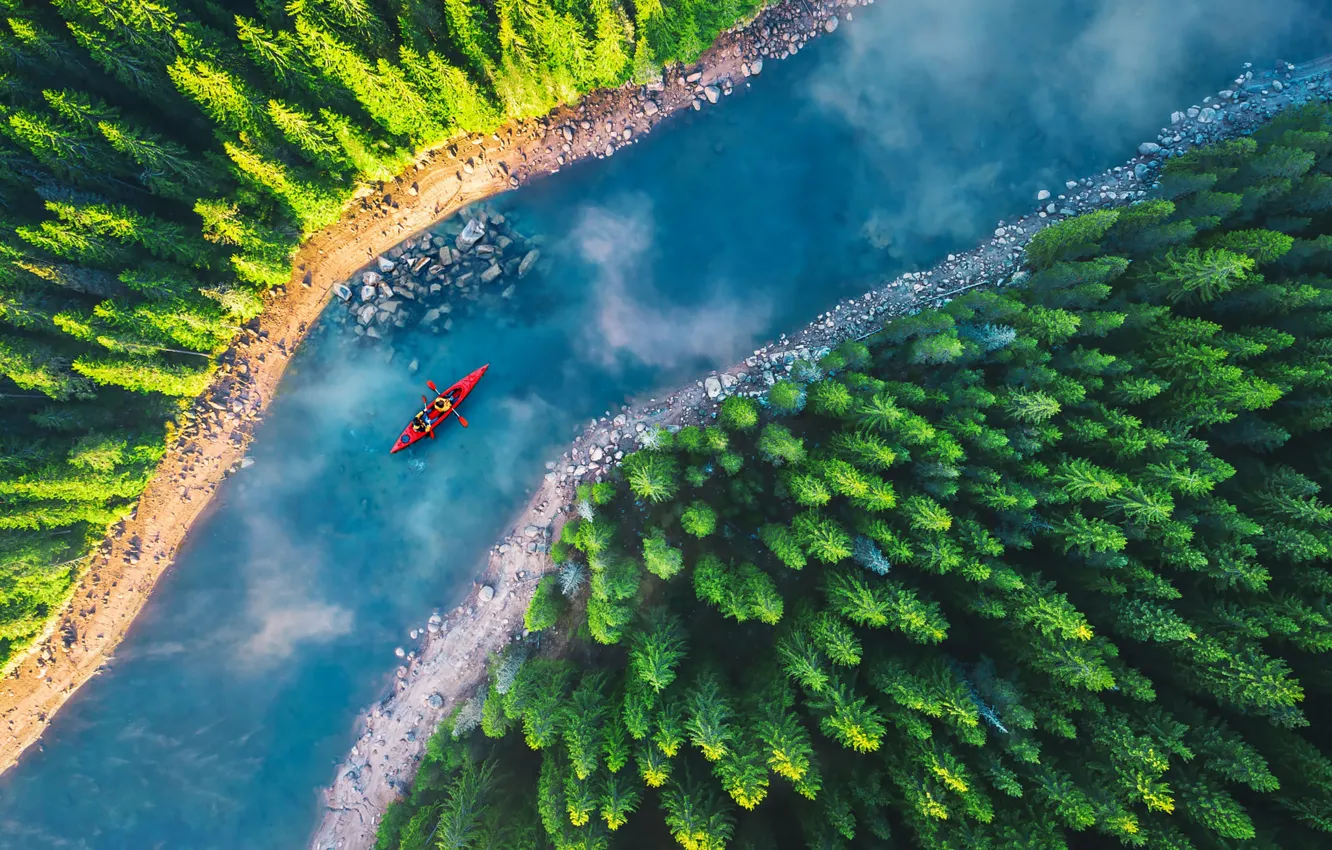 Photo wallpaper forest, river, people, shore, boat, pond, the view from the top, kayak