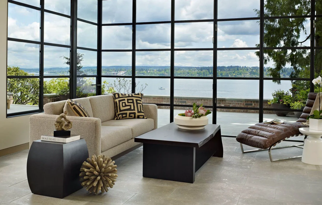 Photo wallpaper room, interior, terrace, living room, Riverview, by DeForest Architects, Book House