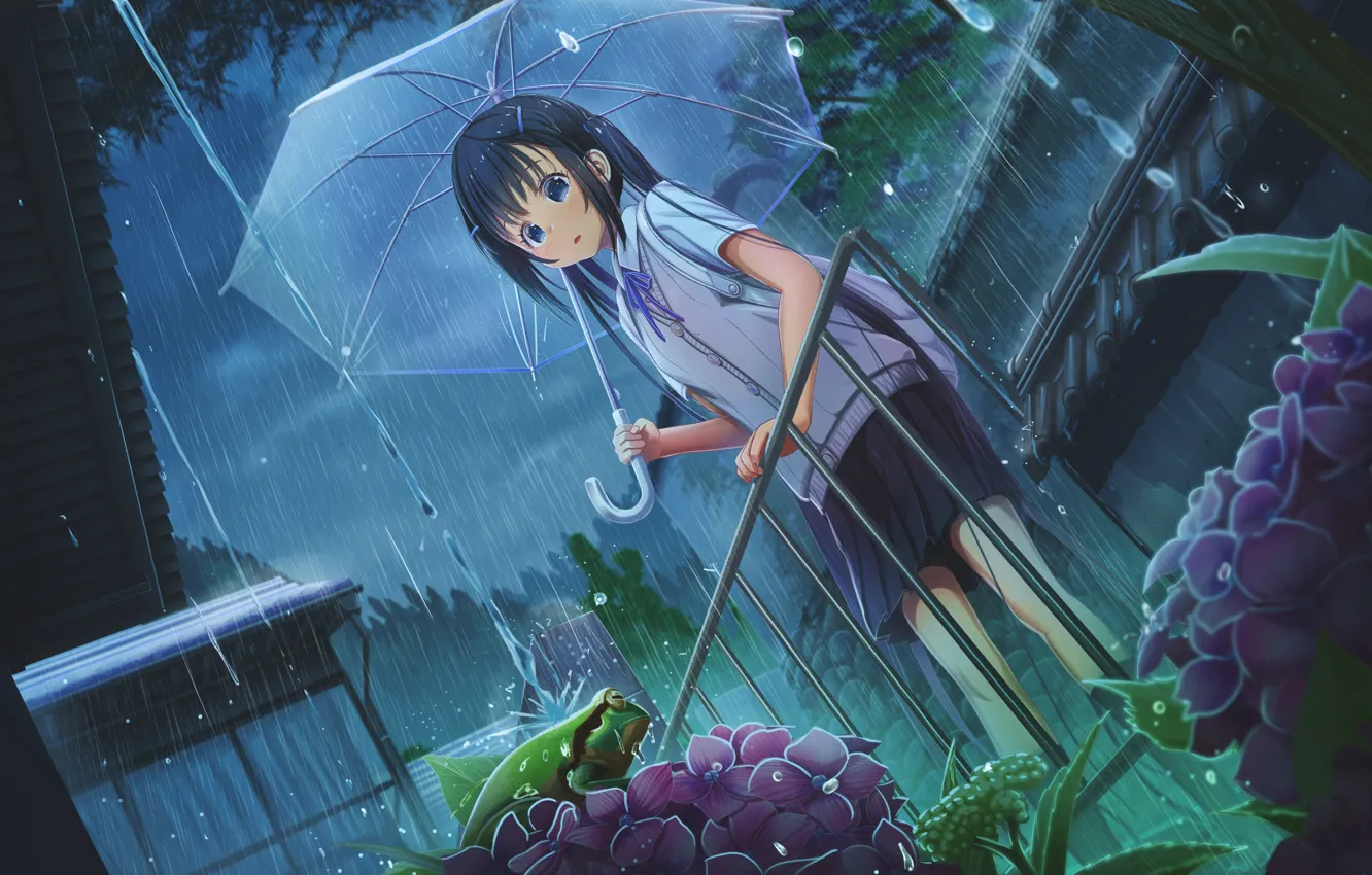 Photo wallpaper flowers, rain, frog, umbrella, girl, railings, flowerbed, the shower