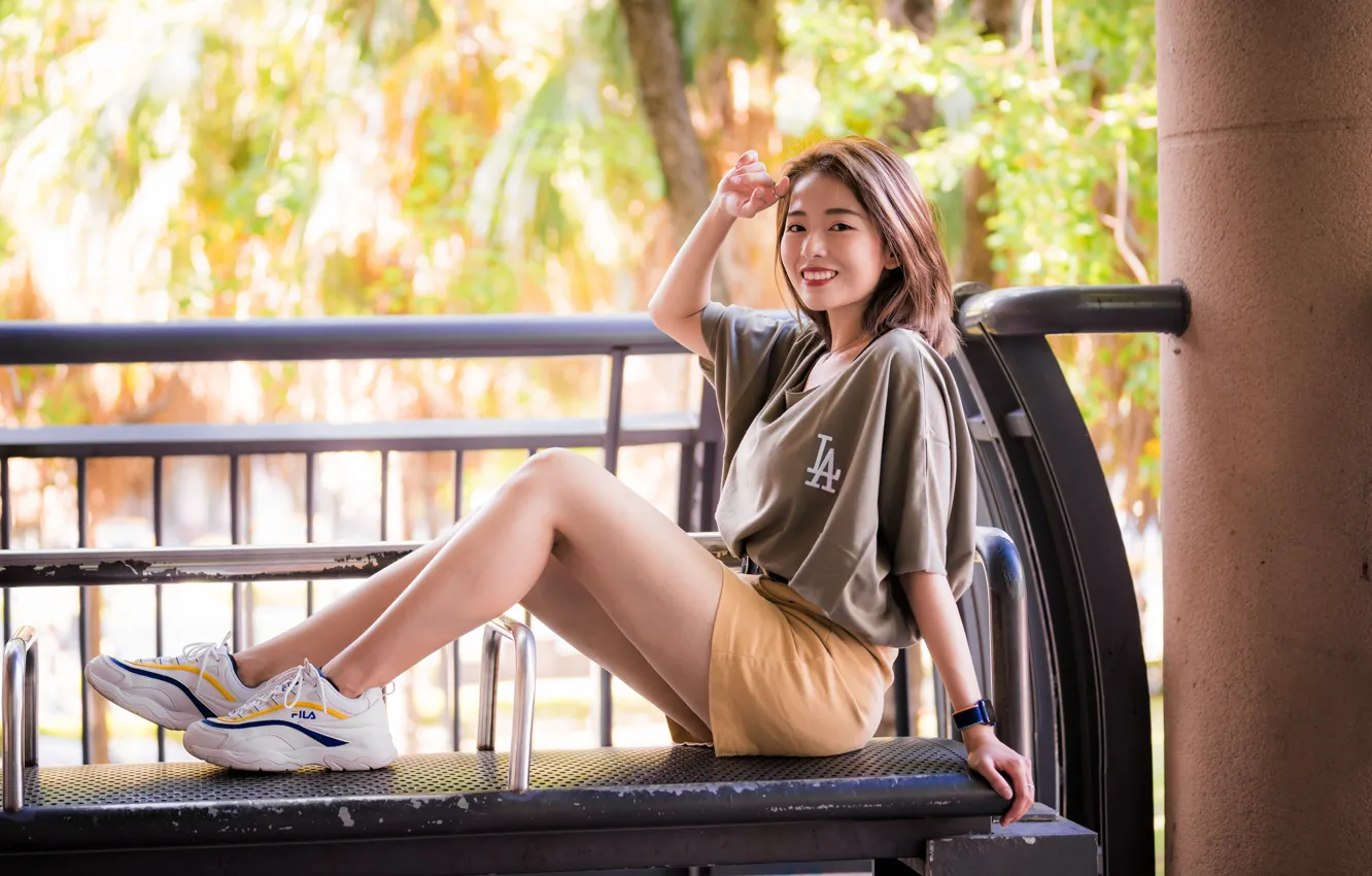 Photo wallpaper girl, smile, legs, Asian, sneakers