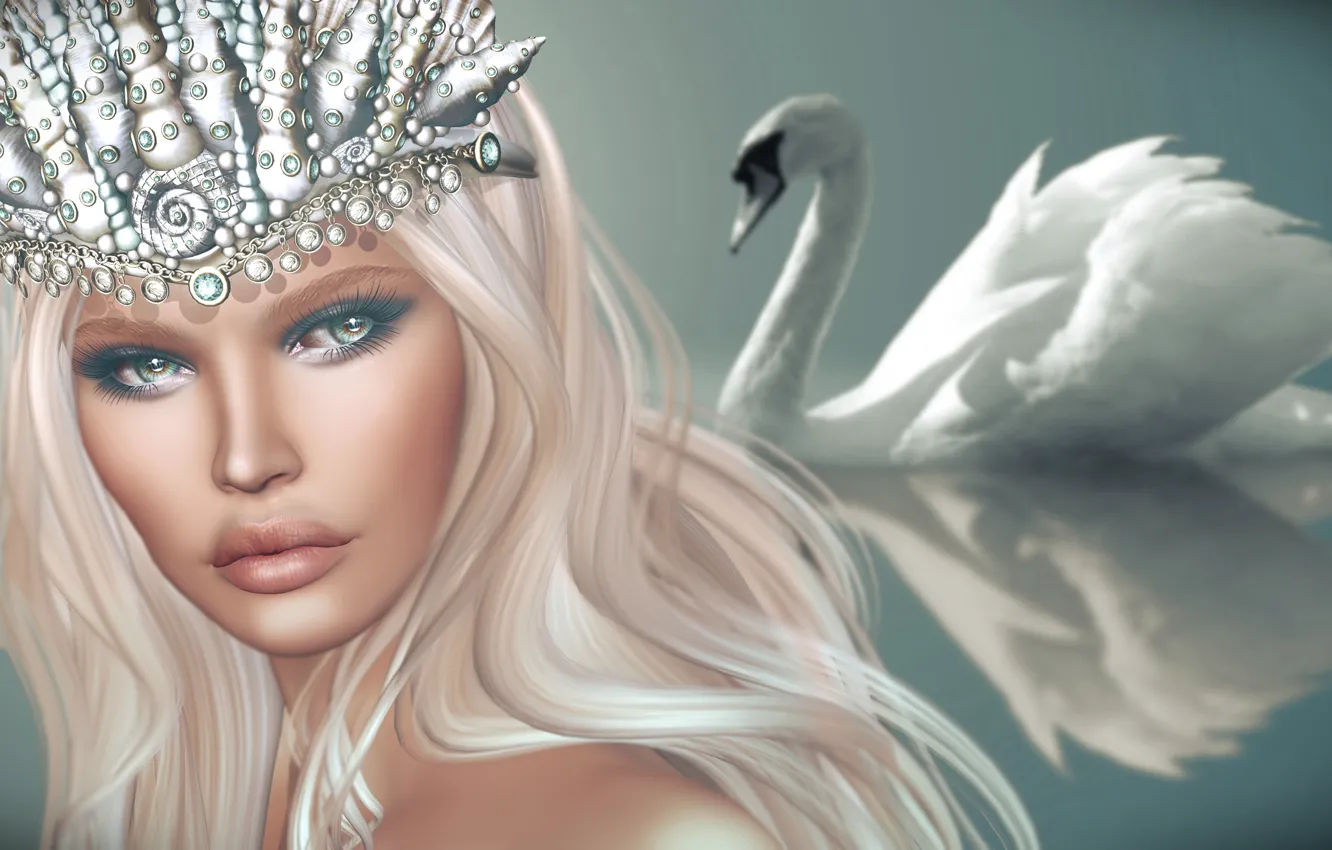Photo wallpaper look, girl, background, hair, crown, swans