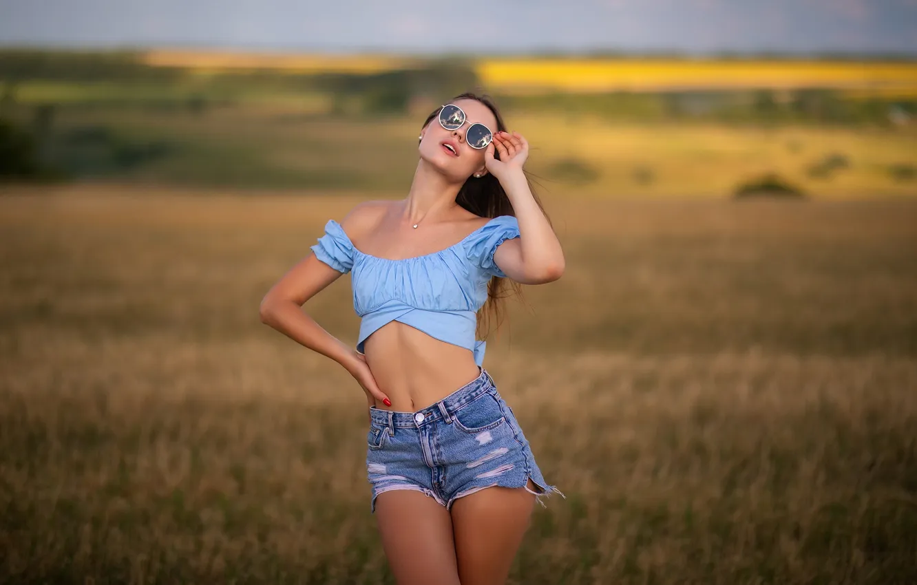 Photo wallpaper girl, grass, sky, field, nature, beautiful, clouds, model