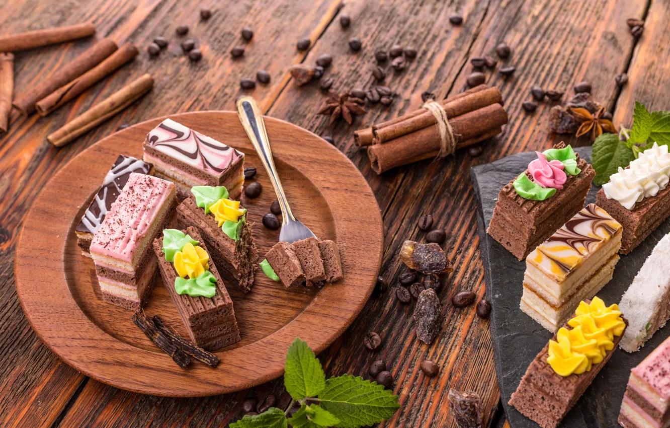 Photo wallpaper coffee, food, grain, plate, cake, cinnamon, sweet