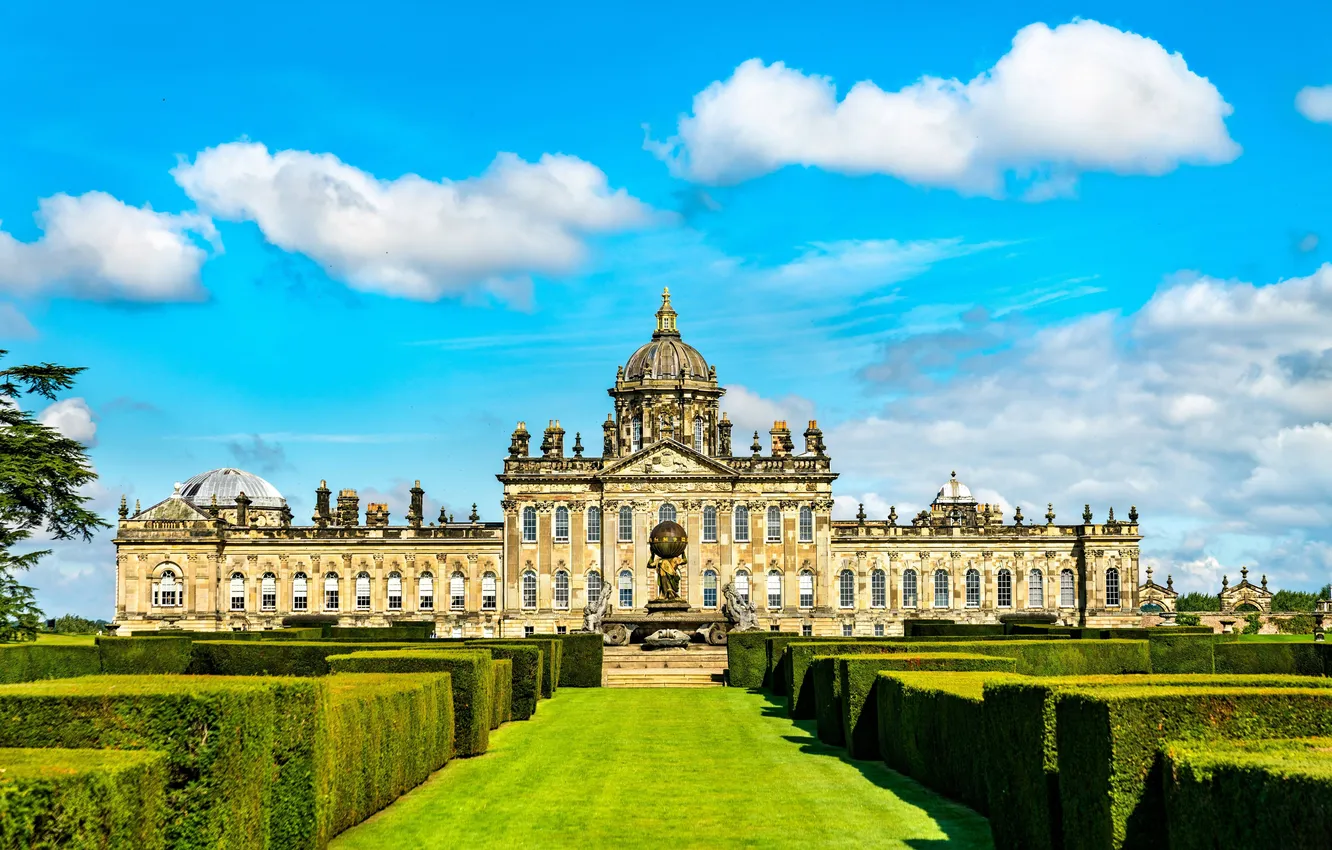 Photo wallpaper clouds, building, garden, sunshine, architecture, Palace, garden, blue sky