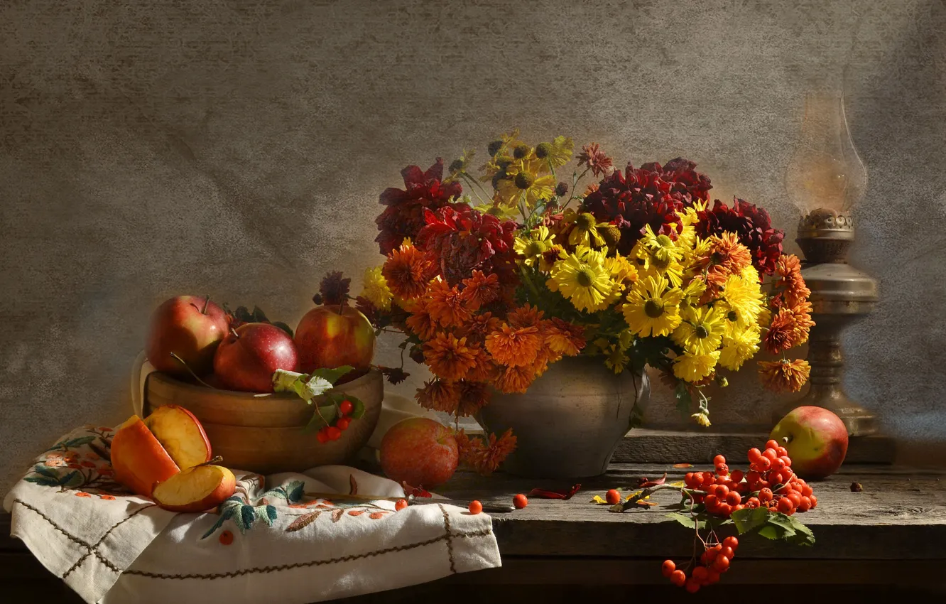 Photo wallpaper flowers, orange, yellow, red, table, apples, lamp, towel