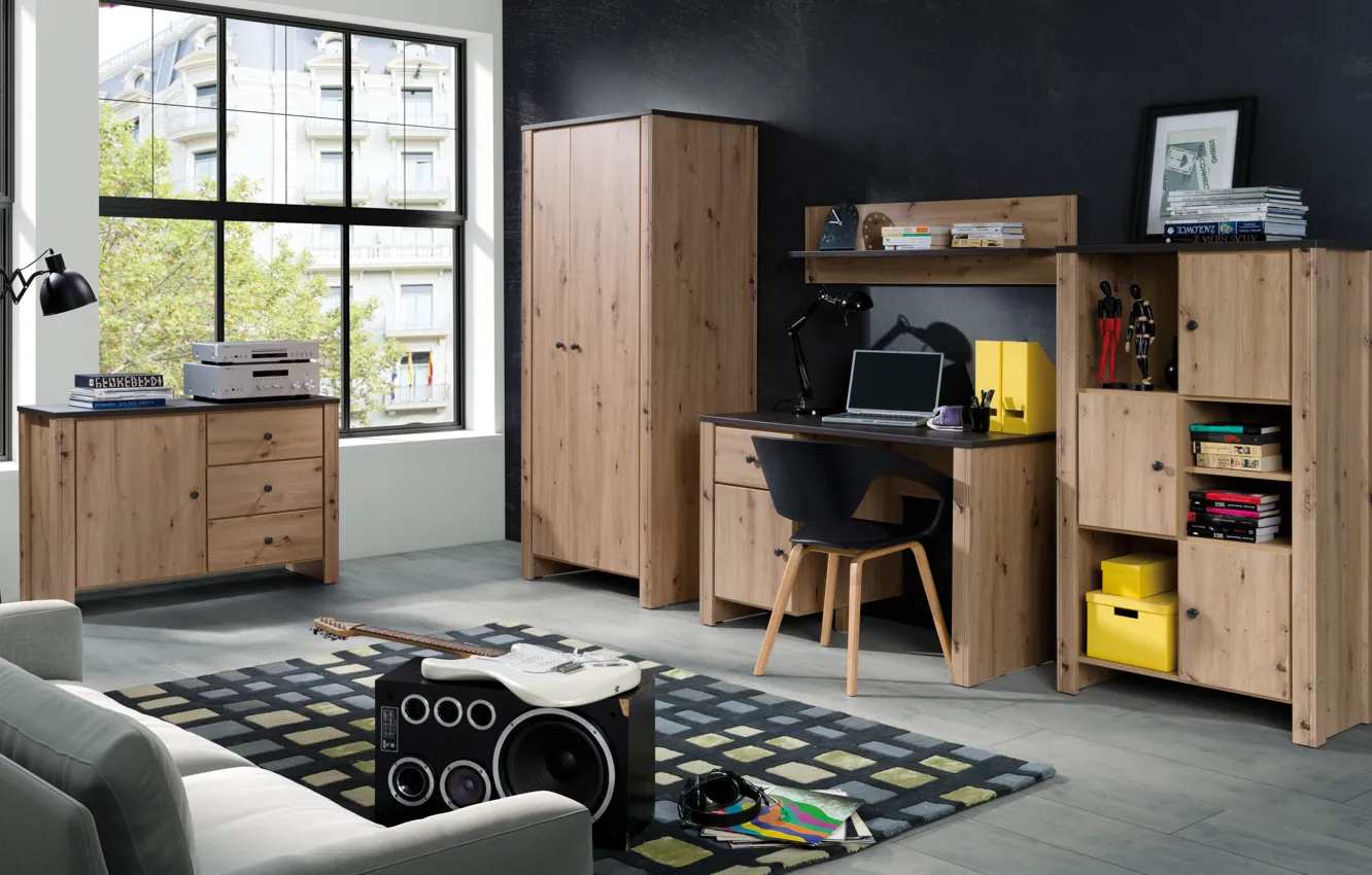 Photo wallpaper design, style, interior, Desk, the room of the student, black color in the interior