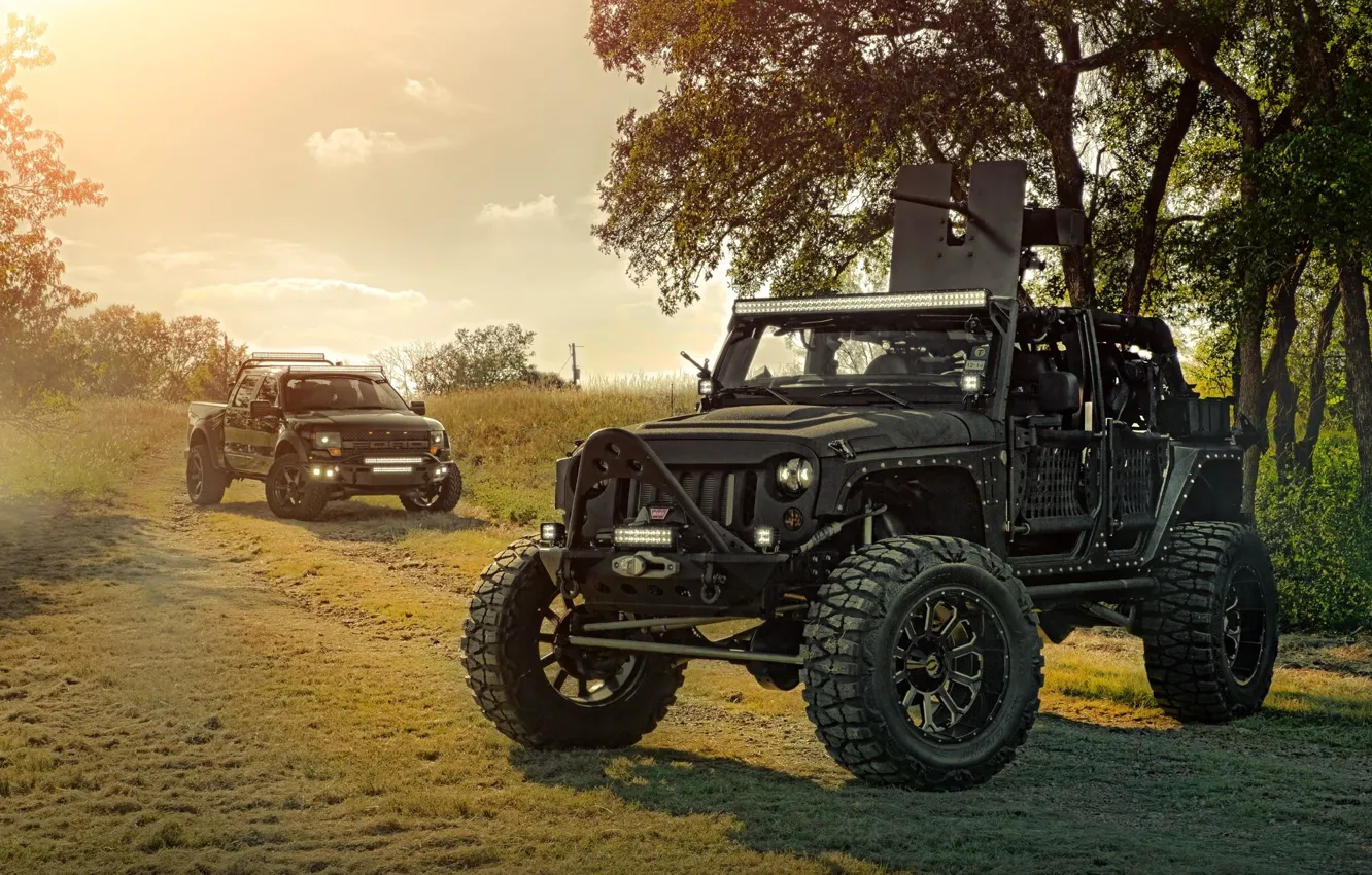 Photo wallpaper Ford, Nature, Cars, Front, Wrangler, Jeep, Off Road, F150