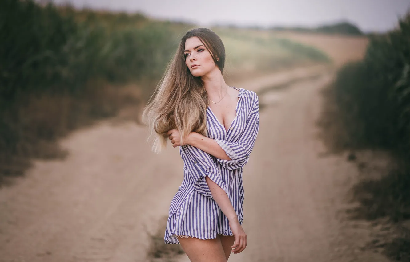 Photo wallpaper look, girl, nature, pose, hair, shirt, Jiri Tulach
