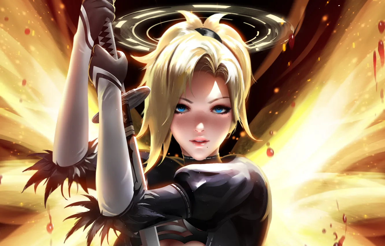 Photo wallpaper girl, sword, fantasy, game, weapon, blue eyes, katana, blonde